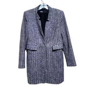 Zara  Women's Black and White Tweed Snap Button Light  Overcoat sz Large